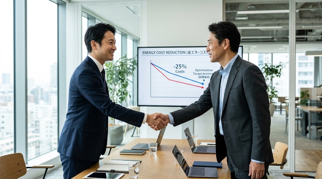 固定費削減の成果を示すグラフの前で握手を交わす様子