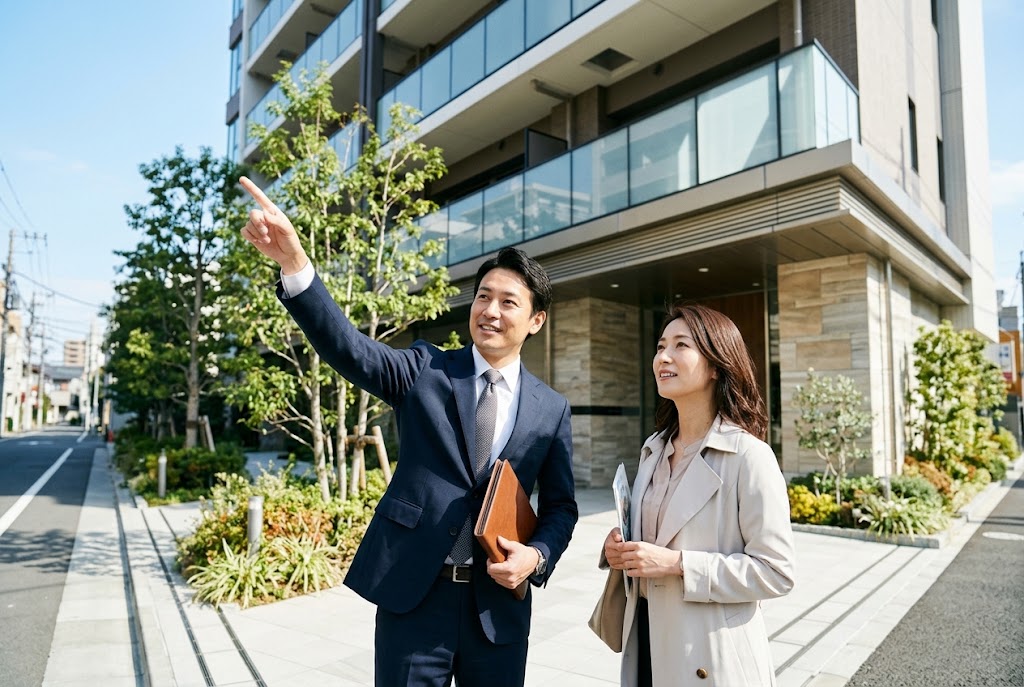 不動産コンサルティングで、マンションの前で物件を案内する様子